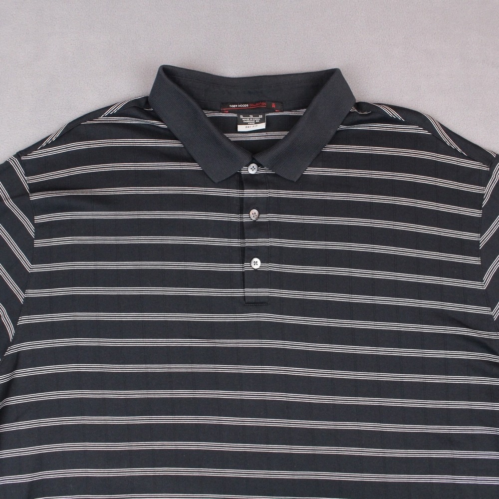 Nike Tiger Woods Polo Shirt Mens XL Black White Striped Cotton Polyester Golf - Picture 2 of 9
